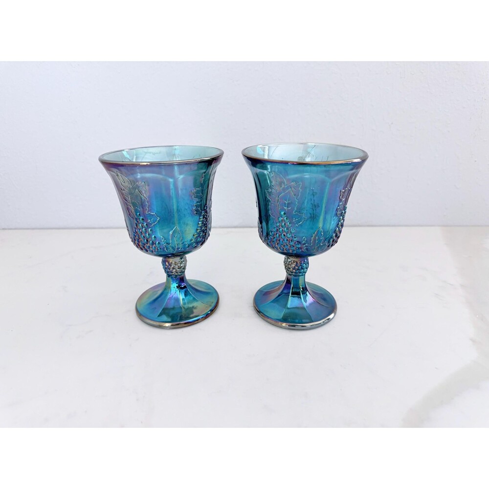Vintage Blue Carnival Indiana Glass Goblets Set of 2 - Iridescent Grape Harvest